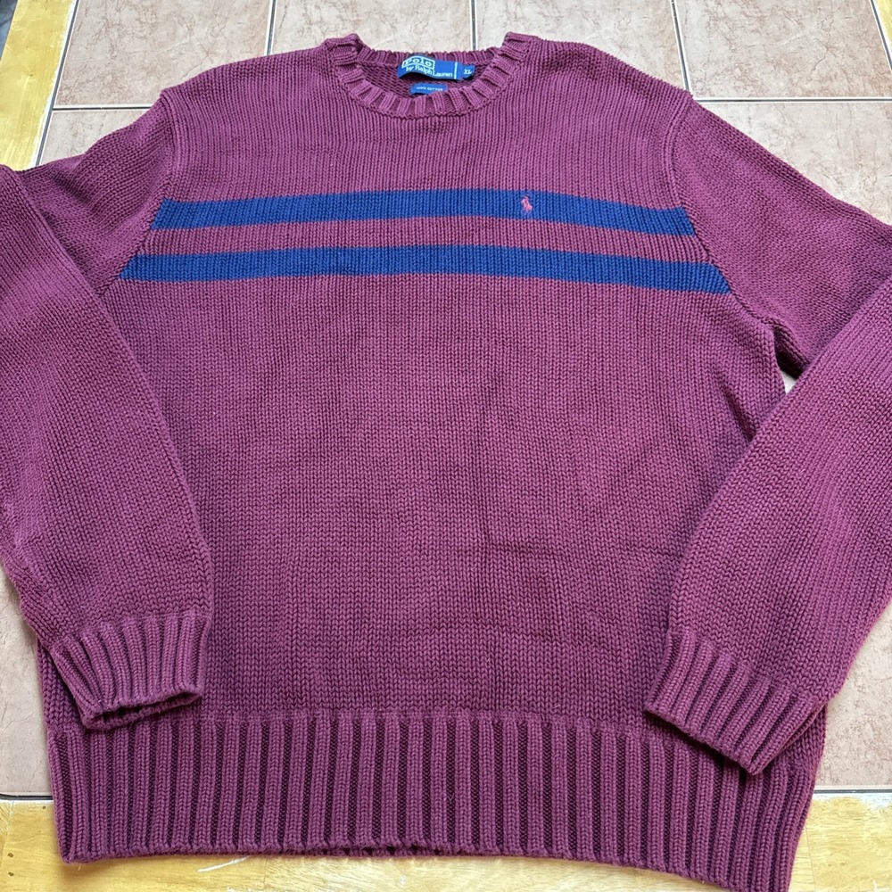 Polo By Ralph Lauren Sweater Mens Sz XL Maroon Blue Rugby Stripe Crewneck Knit